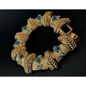 JBK Bracelet Turquoise Cabochon Blue Crystal Gold Link Wide